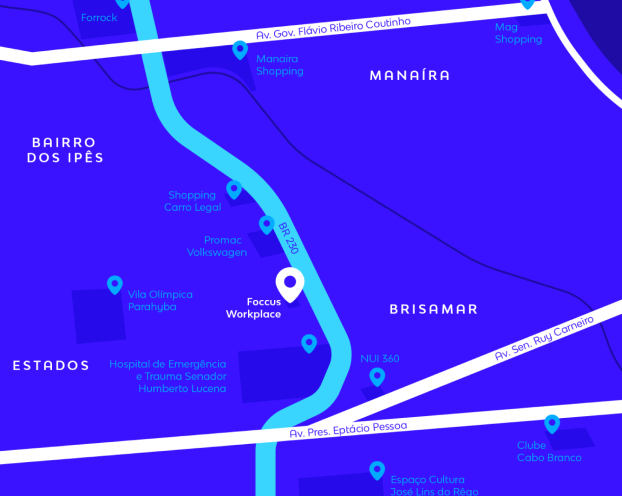Mapa de João Pessoa com a Foccus Workplace marcada em Pedro Gondim, entre a Avenida Epitácio Pessoa e a Ruy Carneiro.